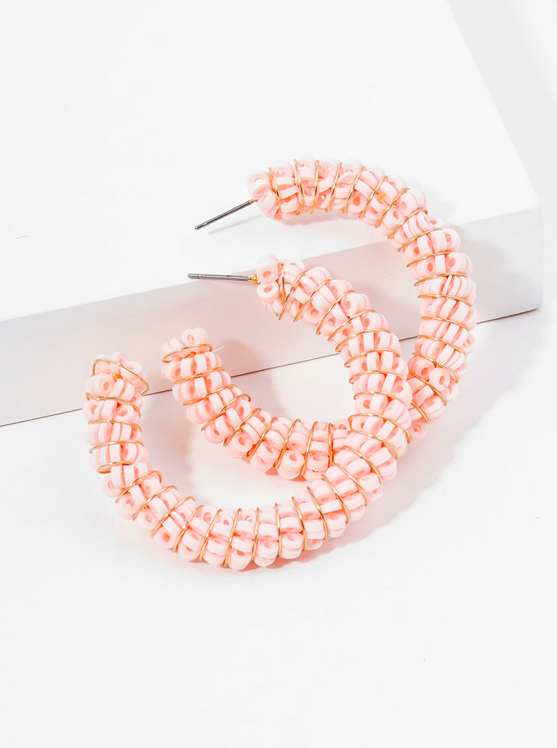 50mm Clay Beaded Wire Wrapped Open Hoop Earrings