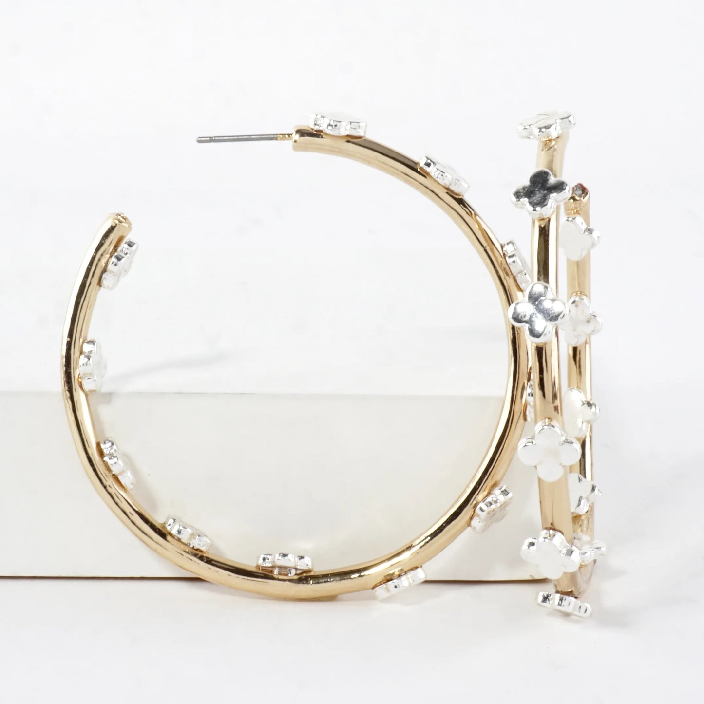50mm Dual-Tone Metal Quatrefoil Decorated Open Hoop Earrings