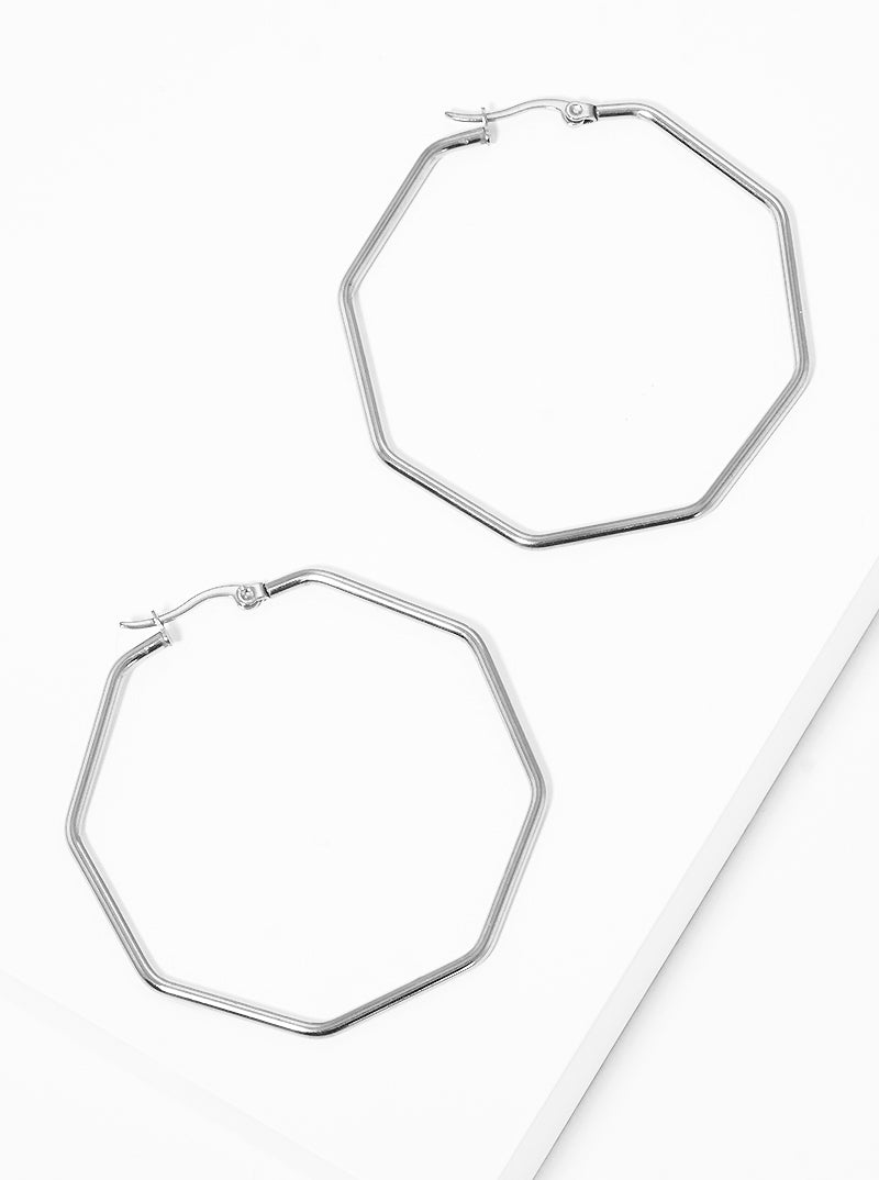 50mm Octagon Stainless Steel Latch Back Hoop Earrings SILVER