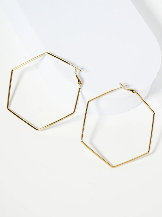 50mm Polished Brass Hexagon-shaped Geometric Latch-back Hoop Earrings