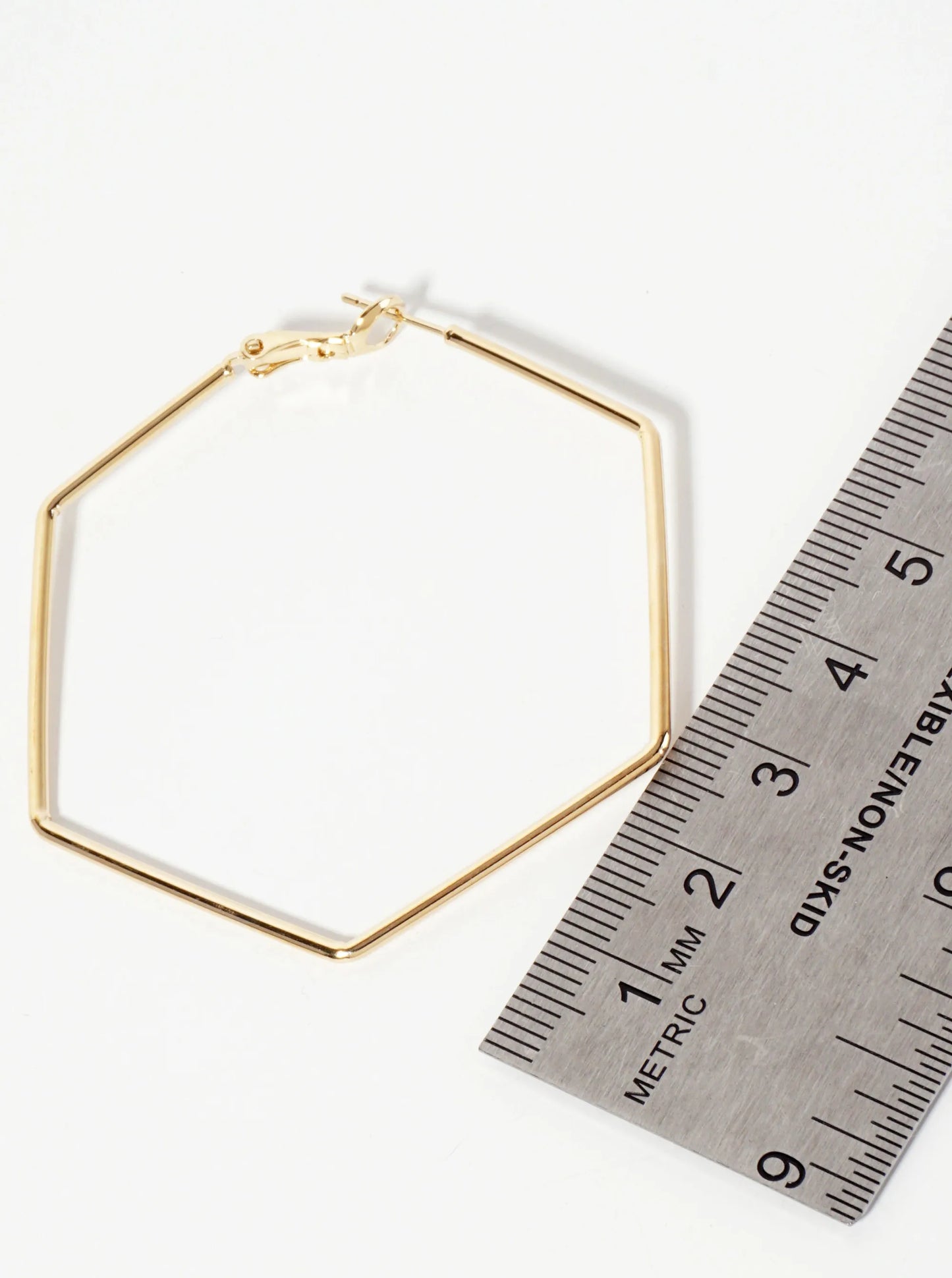 50mm Polished Brass Hexagon-shaped Geometric Latch-back Hoop Earrings