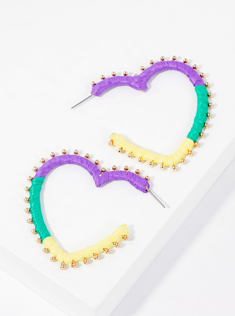 50mm Raffia Wrapped Mardi Gras 50mm Heart Hoop Earrings