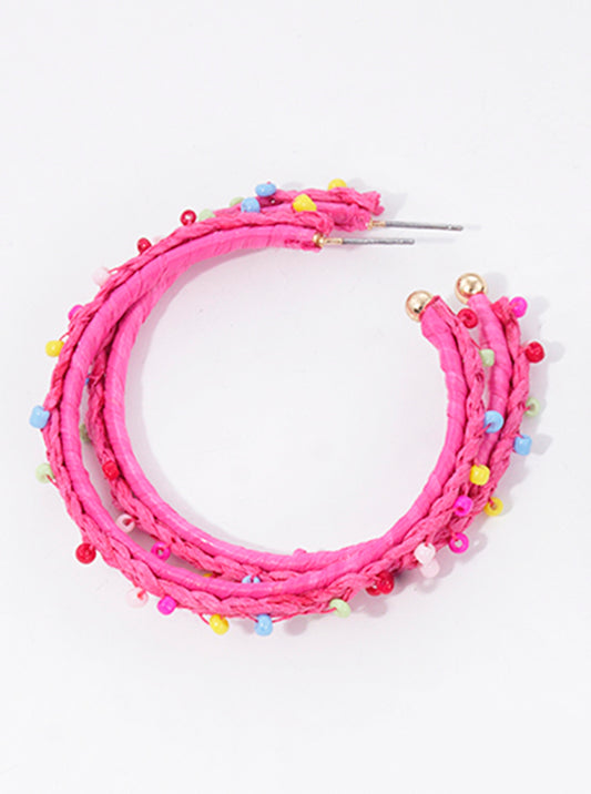 50mm Seed Beaded Raffia Wrapped 50mm Hoop Earrings