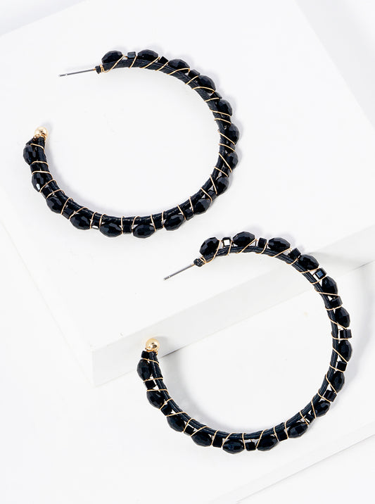 50mm Glass Beaded Raffia Open Hoop Earrings