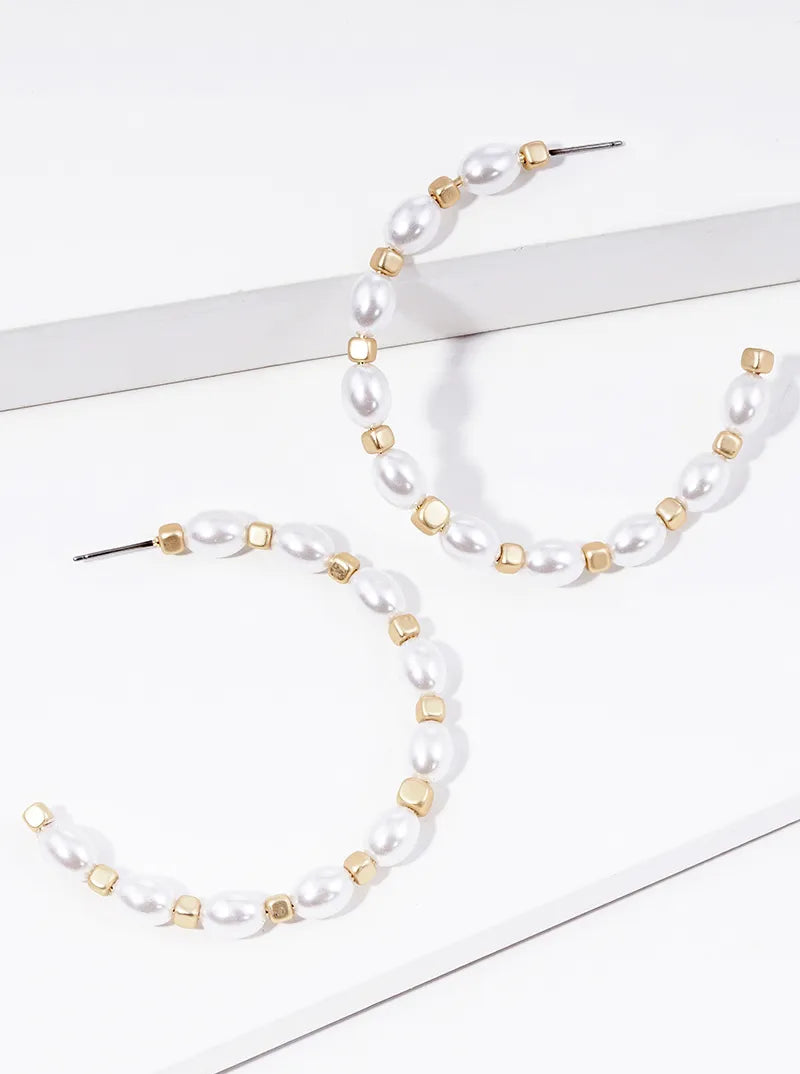 50mm Pearl Metallic Cube Beaded Open Hoop Earrings