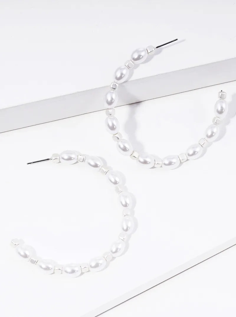 50mm Pearl Metallic Cube Beaded Open Hoop Earrings