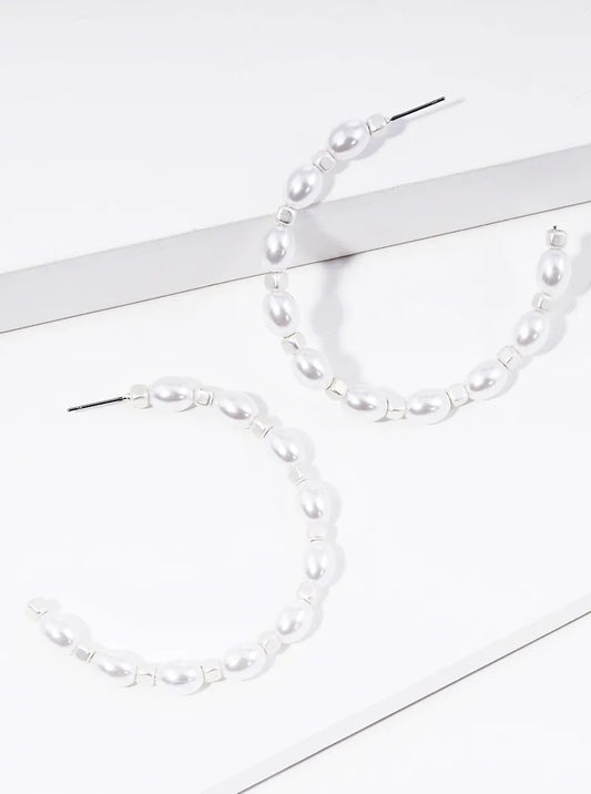 50mm Pearl Metallic Cube Beaded Open Hoop Earrings