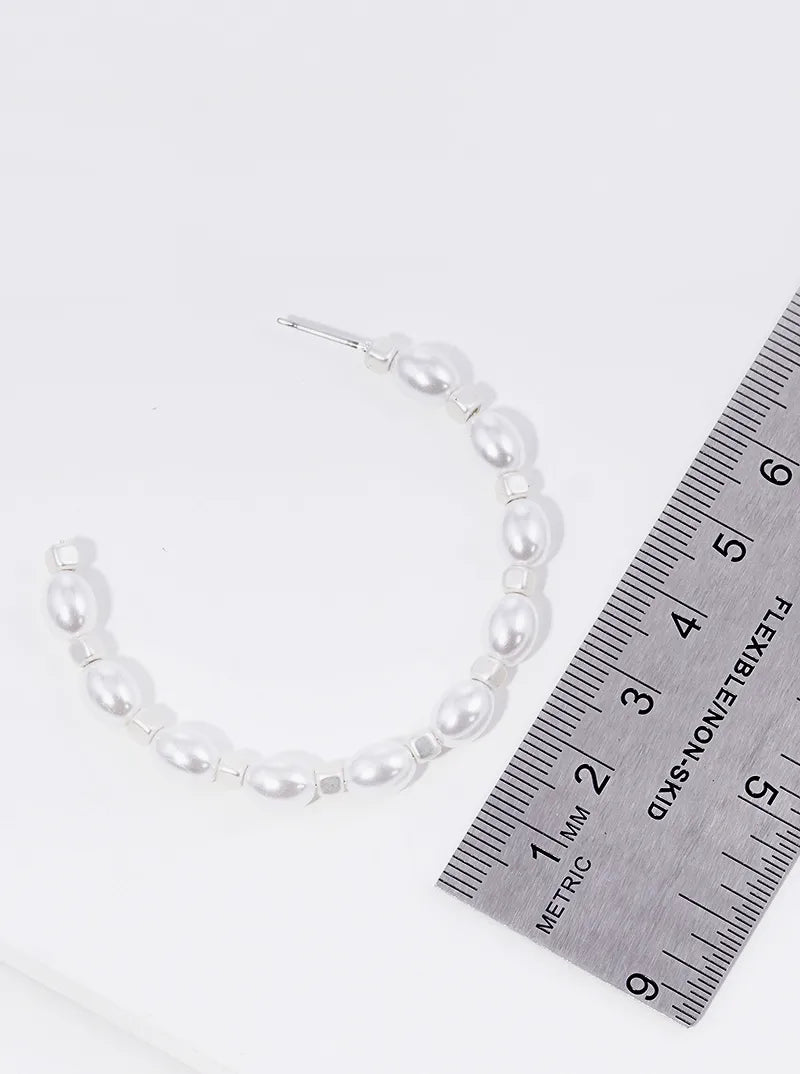 50mm Pearl Metallic Cube Beaded Open Hoop Earrings
