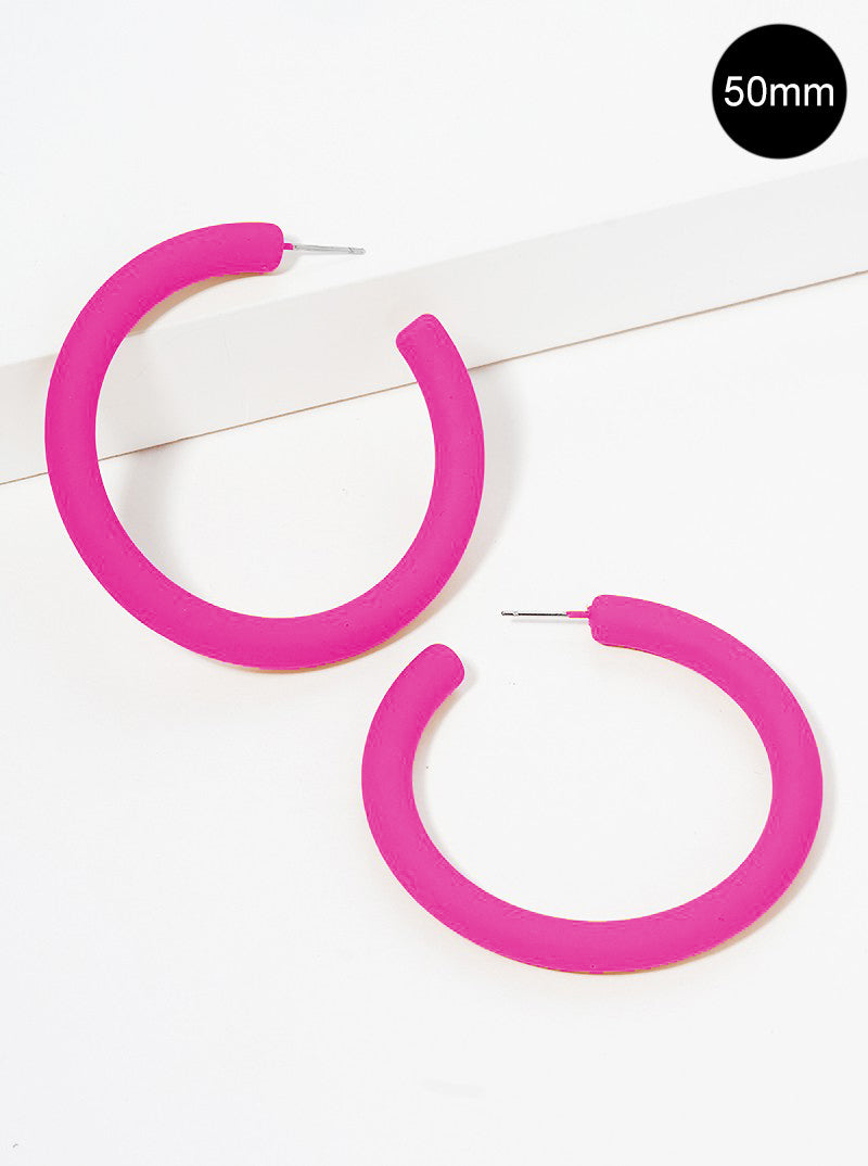 50mm Rubber Coated Resin Hollow Open Hoop Earrings Hot Pink