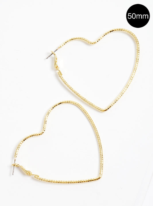 50mm Textured Brass Heart Omega Back Hoop Earrings