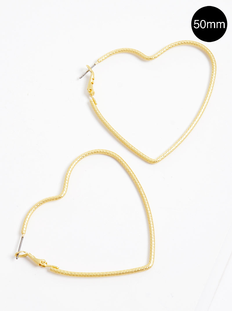 50mm Textured Brass Heart Omega Back Hoop Earrings
