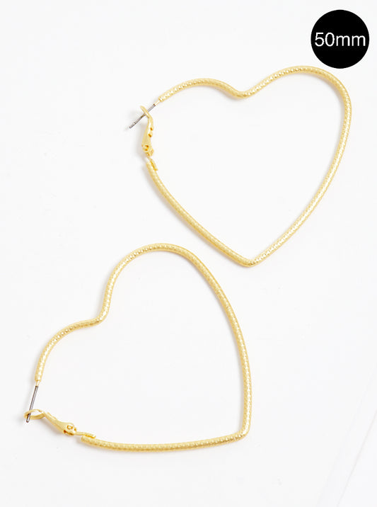 50mm Textured Brass Heart Omega Back Hoop Earrings