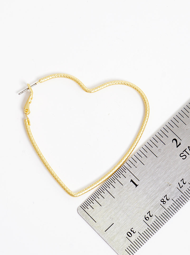 50mm Textured Brass Heart Omega Back Hoop Earrings