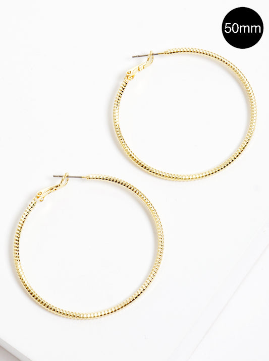 50mm Textured Brass Omega Back Hoop Earrings