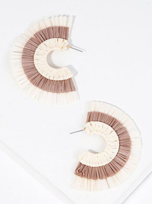 50mm Two Tone Raffia Fan Open Hoop Earrings