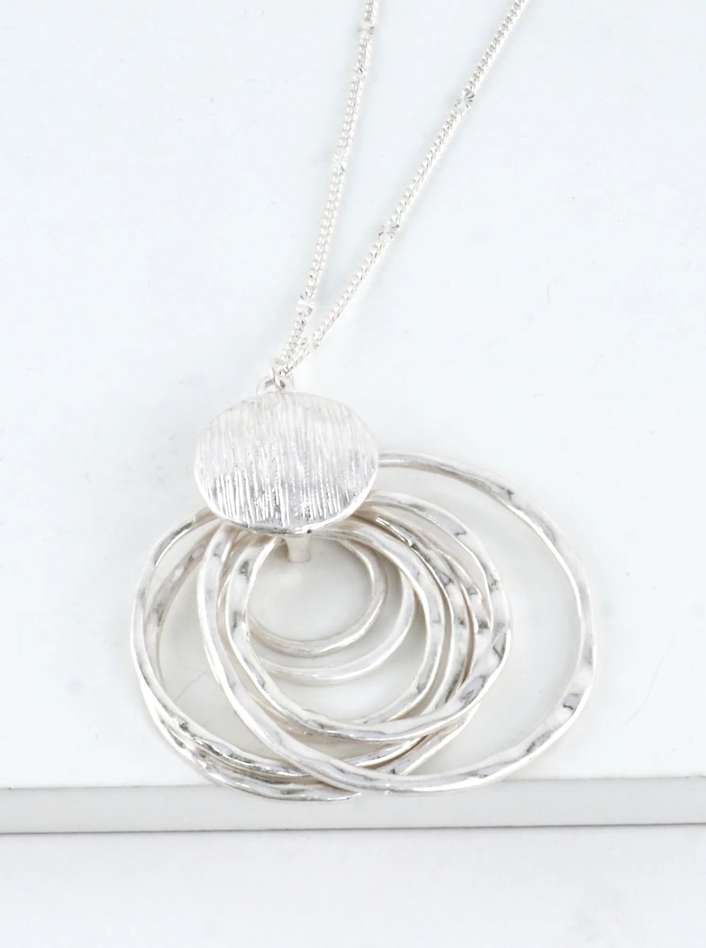 Layered Hammered Circle Pendant Long Necklace