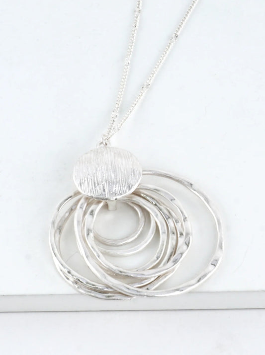 Layered Hammered Circle Pendant Long Necklace
