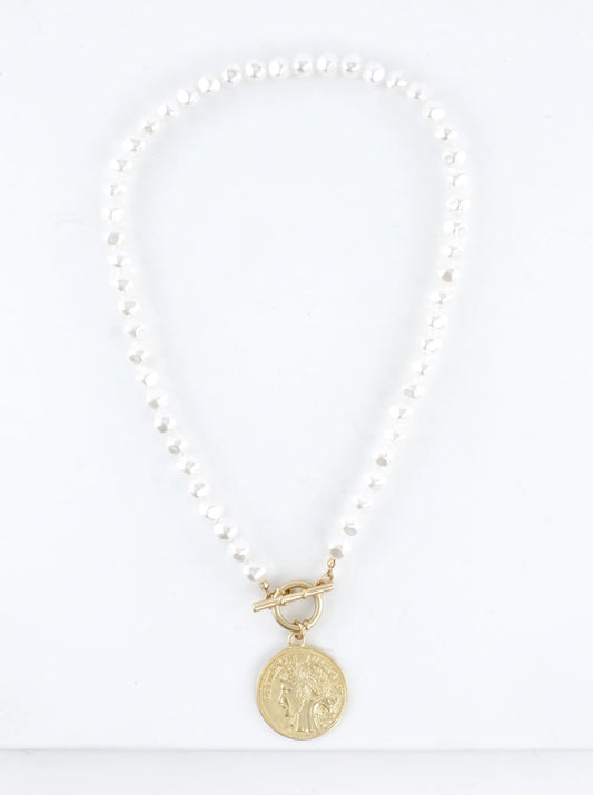 Classic Pearl Coin Drop Toggle Necklace