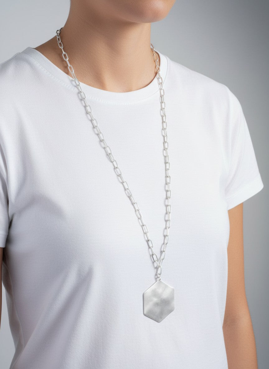 Hexagon Pendant Paperclip Necklace