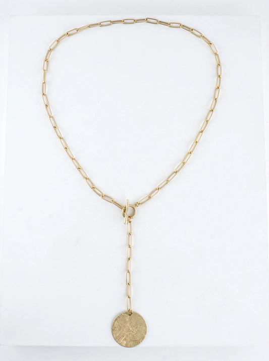 Textured Round Pendant On Lariat Toggle Necklace