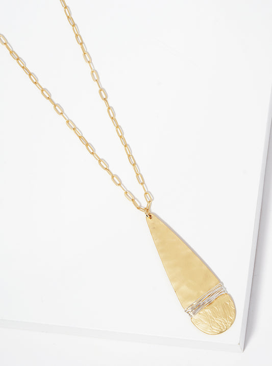 Wire Wrapped Teardrop Metal Pendant Long Necklace MATTE GOLD