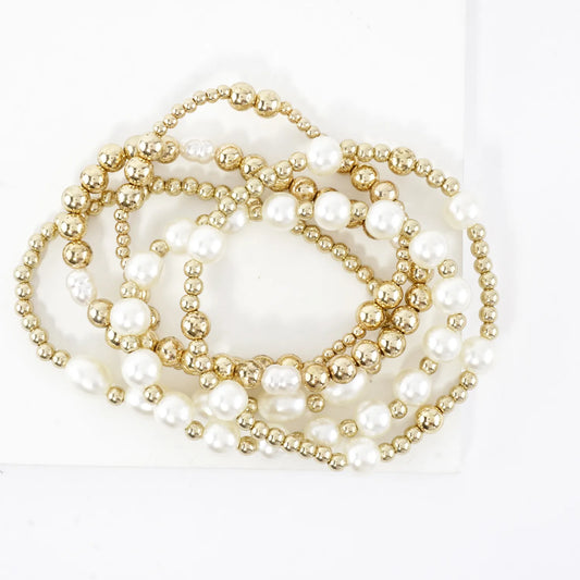 5PC Mix Pearl Metallic Beads Stretch Bracelets Set