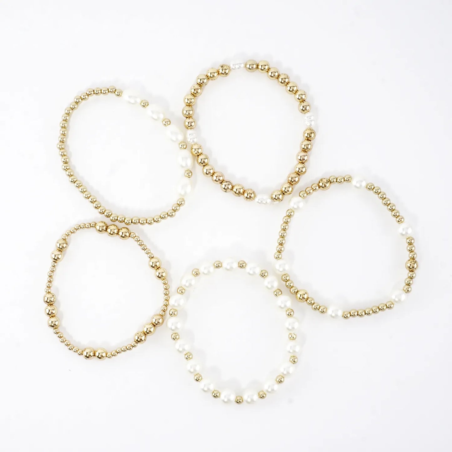 5PC Mix Pearl Metallic Beads Stretch Bracelets Set