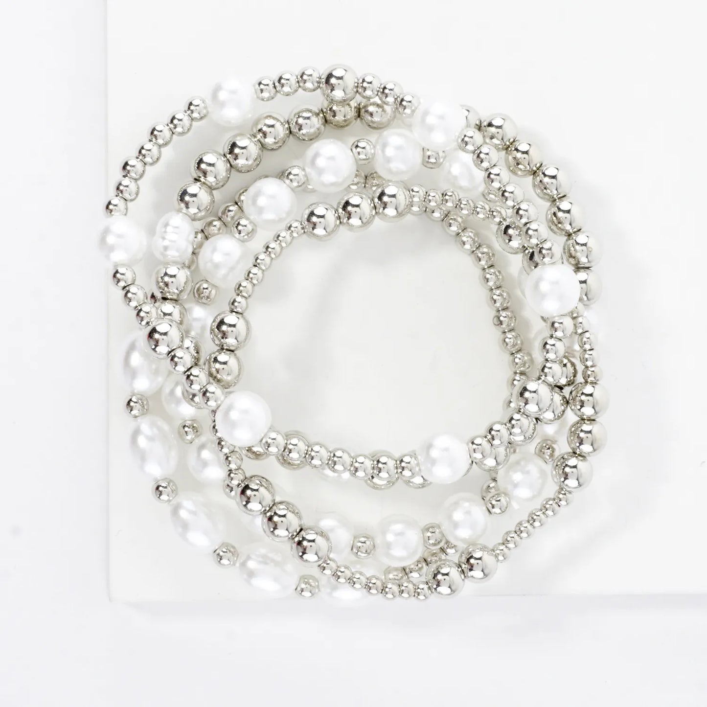 5PC Mix Pearl Metallic Beads Stretch Bracelets Set