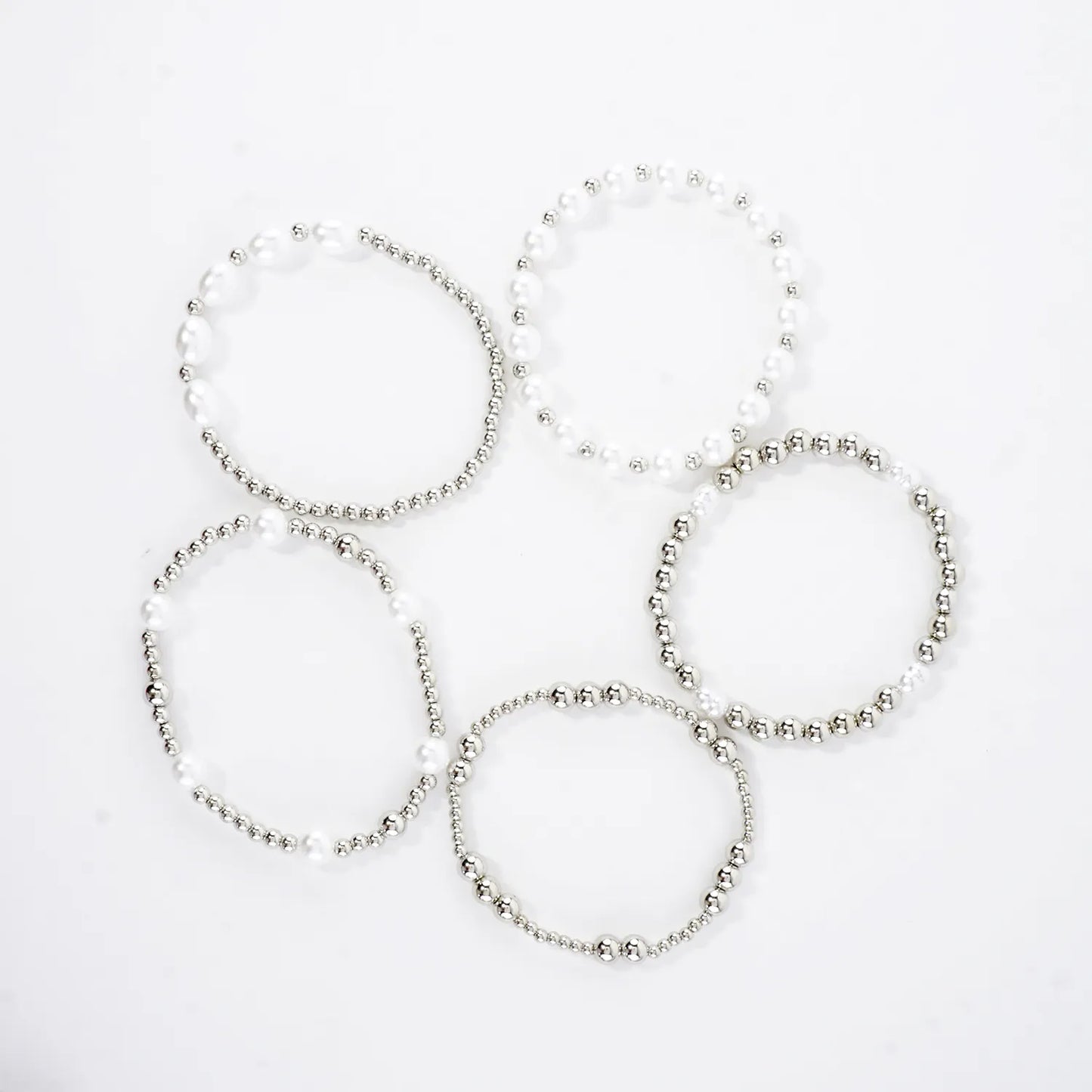 5PC Mix Pearl Metallic Beads Stretch Bracelets Set