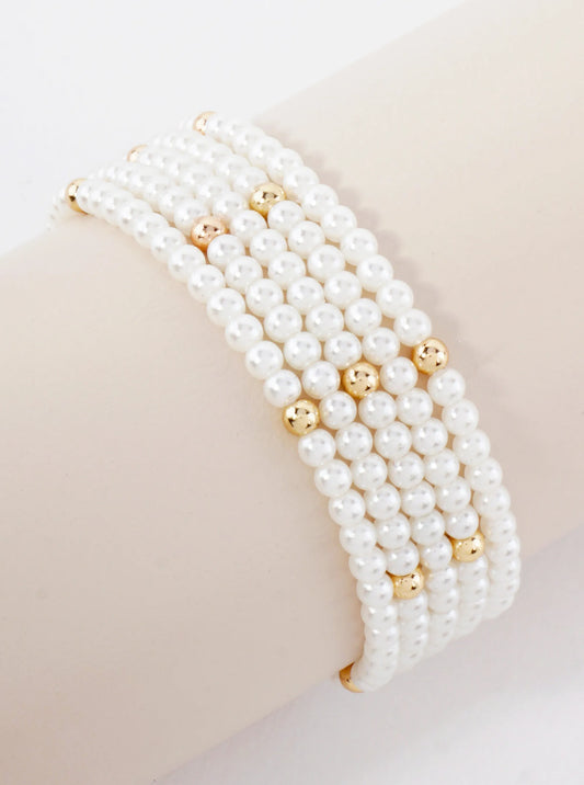 5PC-Set Beaded Pearls With Gold Accents Stackable Stretch Bracelets