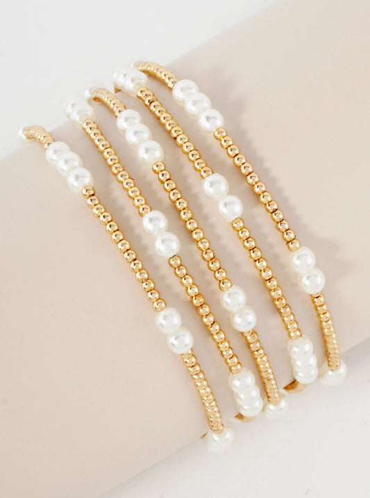 5PC-Set Metallic Beads Pearls Stackable Stretch Bracelets