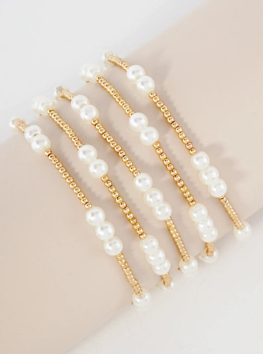 5PC-Set Metallic Beads Pearls Stackable Stretch Bracelets