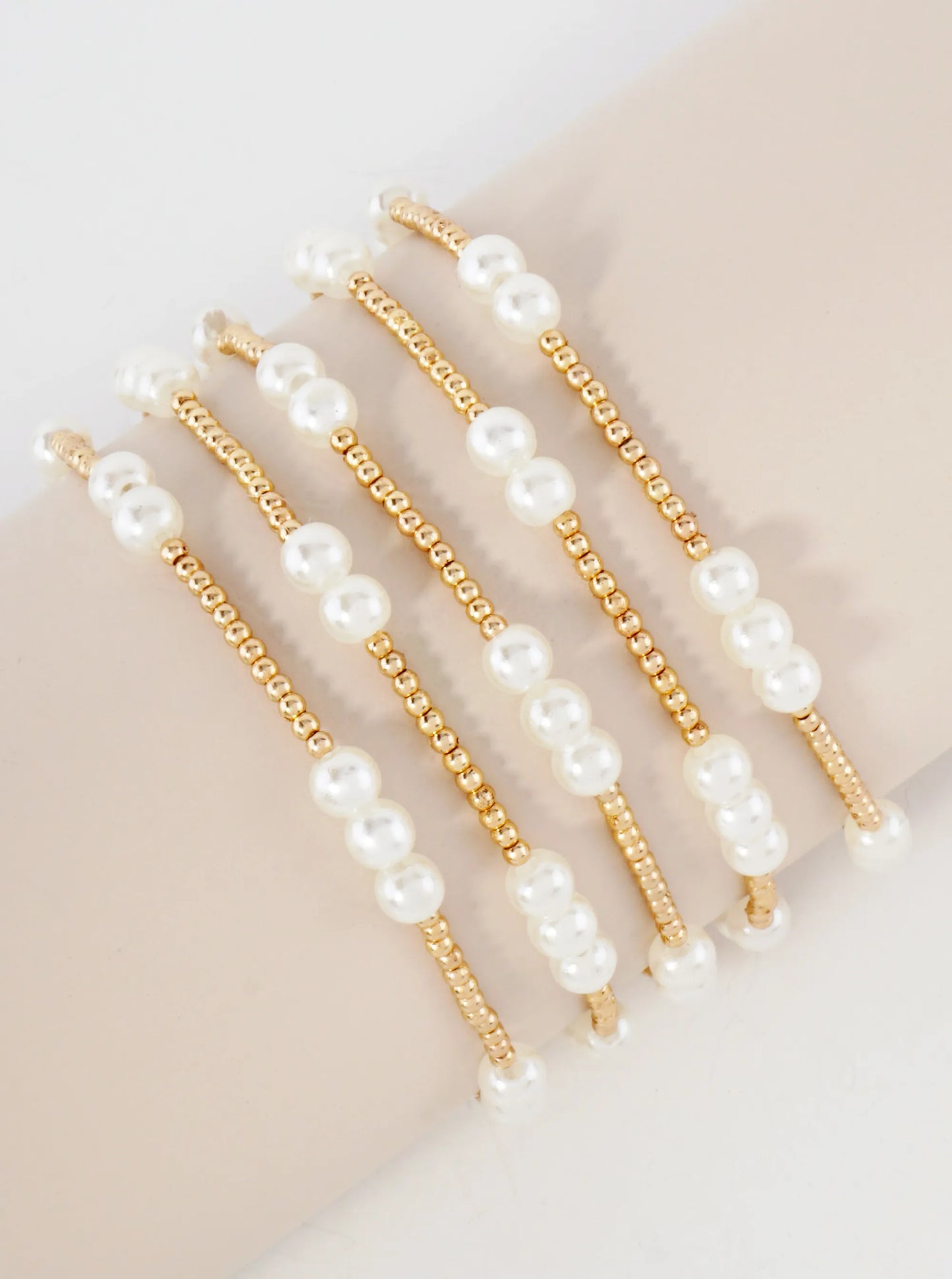 5PC-Set Metallic Beads Pearls Stackable Stretch Bracelets