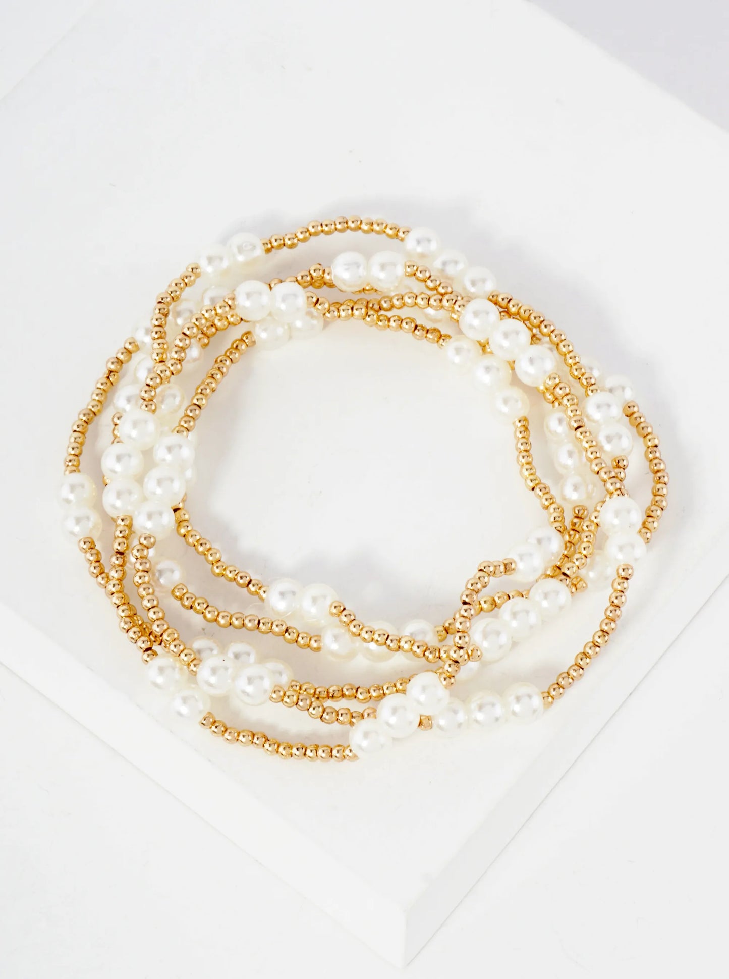 5PC-Set Metallic Beads Pearls Stackable Stretch Bracelets