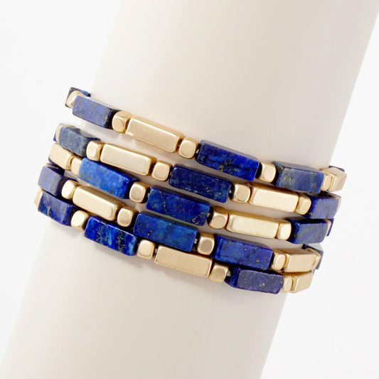 5PC-Set Rectangle Semi-Precious Natural-Stone Stackable Stretch Bracelet