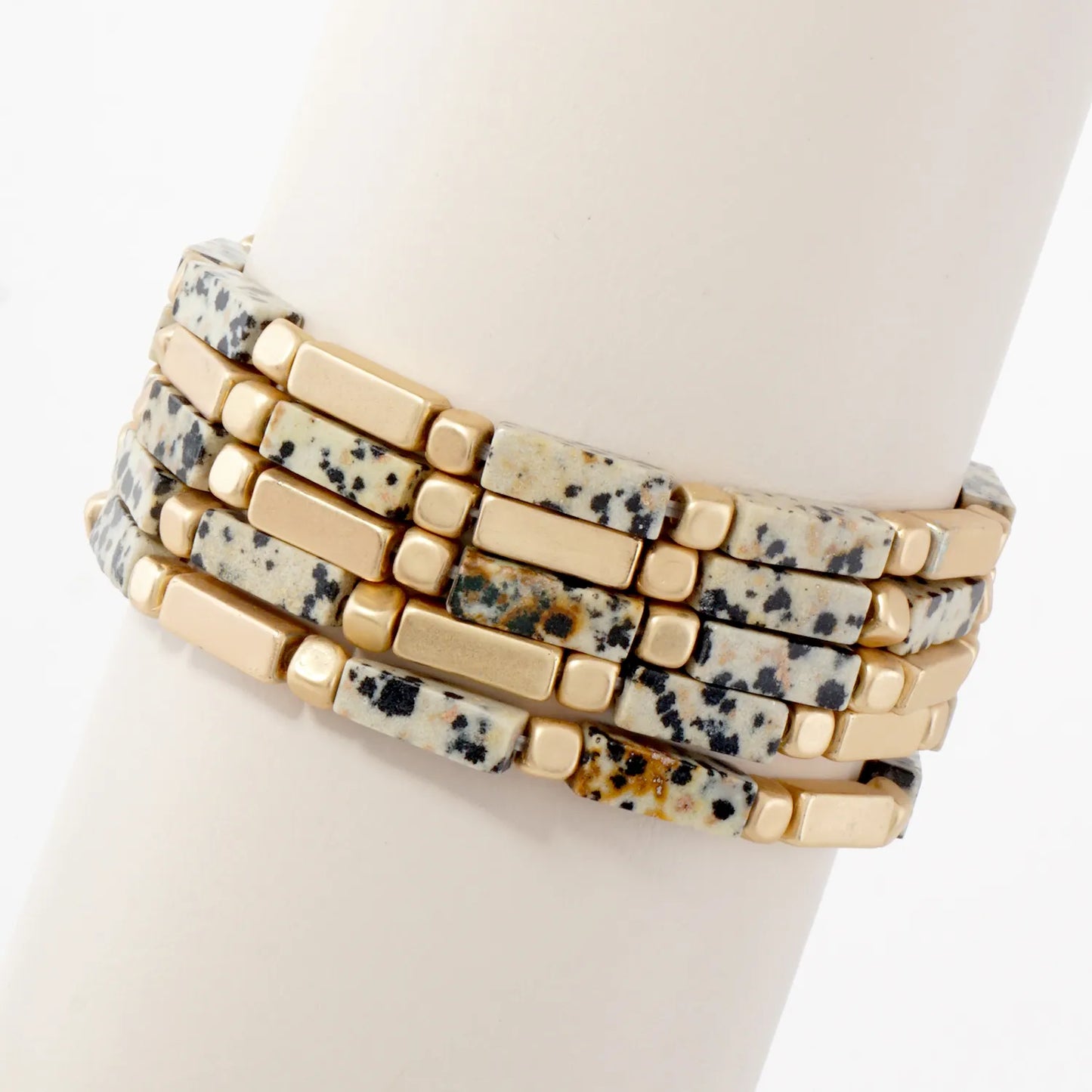 5PC-Set Rectangle Semi-Precious Natural-Stone Stackable Stretch Bracelet