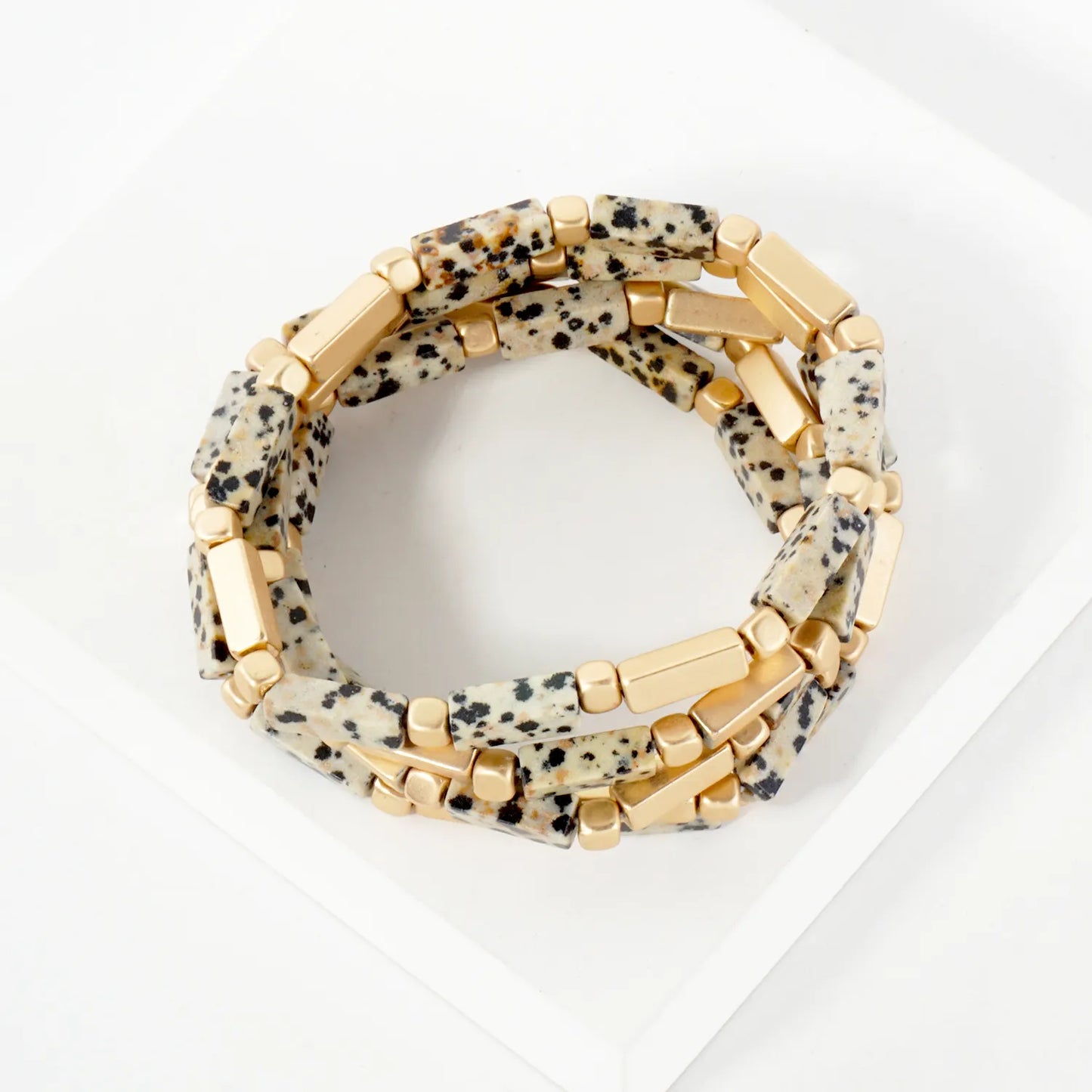 5PC-Set Rectangle Semi-Precious Natural-Stone Stackable Stretch Bracelet