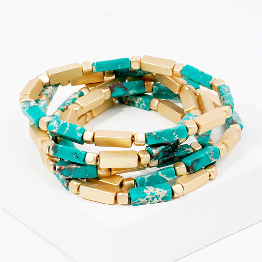 5PC-Set Rectangle Semi-Precious Natural-Stone Stackable Stretch Bracelet