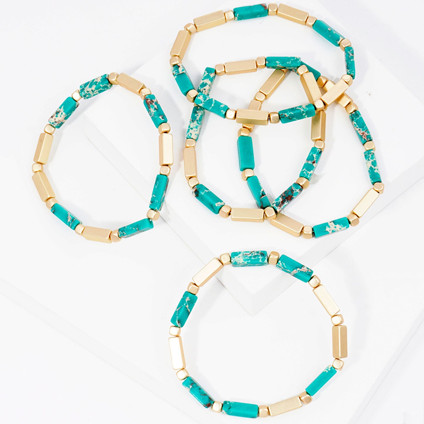 5PC-Set Rectangle Semi-Precious Natural-Stone Stackable Stretch Bracelet