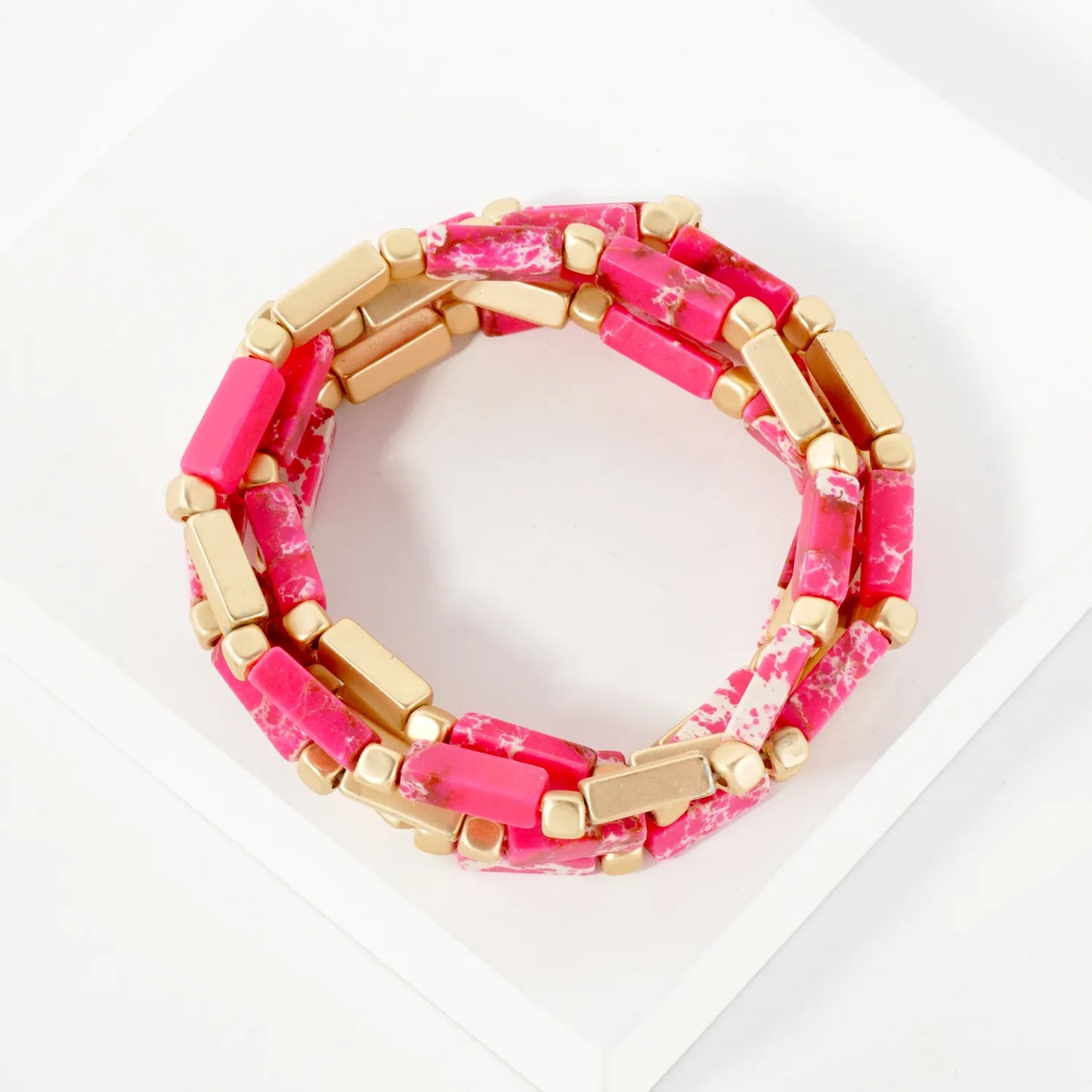 5PC-Set Rectangle Semi-Precious Natural-Stone Stackable Stretch Bracelet