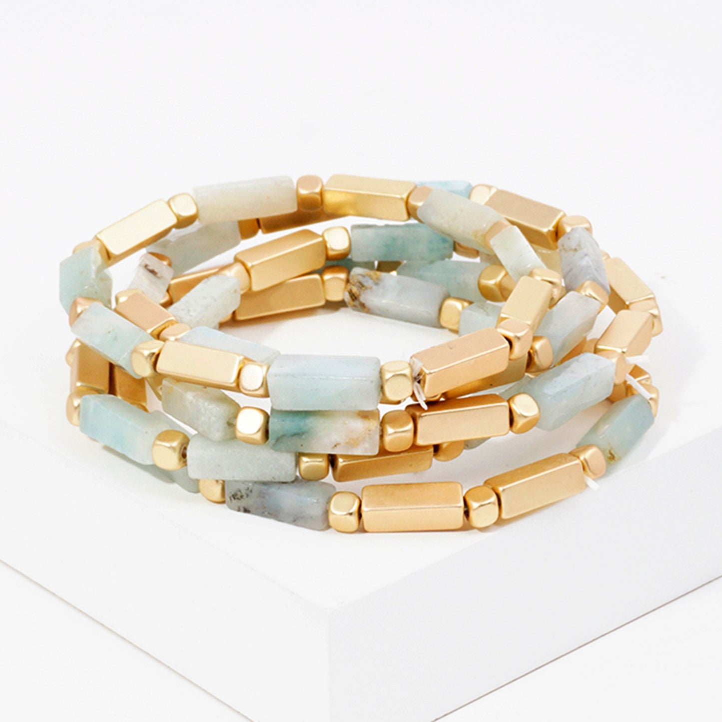 5PC-Set Rectangle Semi-Precious Natural-Stone Stackable Stretch Bracelet