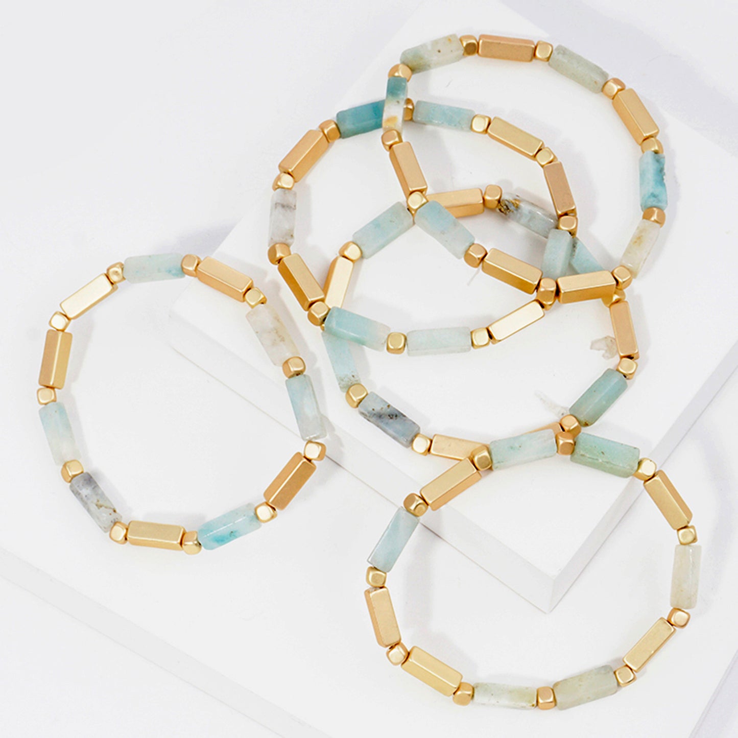 5PC-Set Rectangle Semi-Precious Natural-Stone Stackable Stretch Bracelet