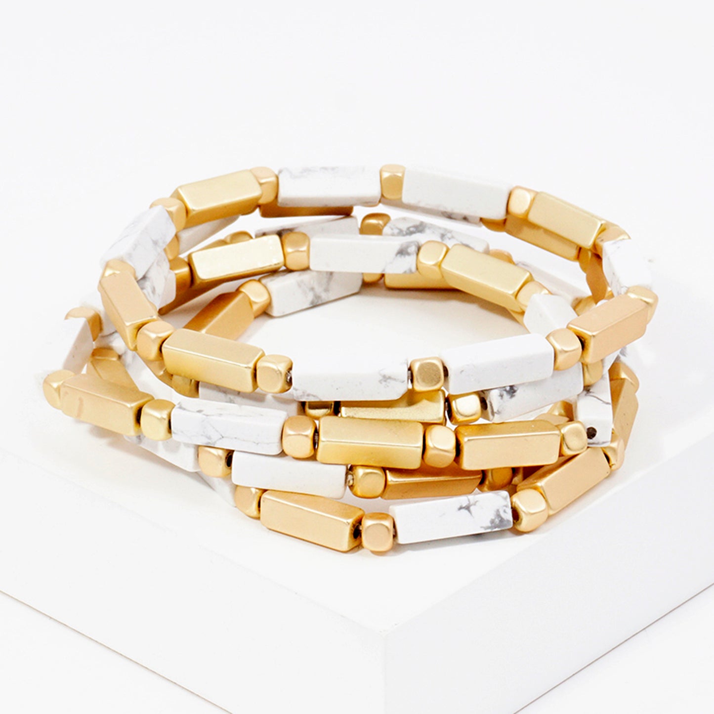 5PC-Set Rectangle Semi-Precious Natural-Stone Stackable Stretch Bracelet