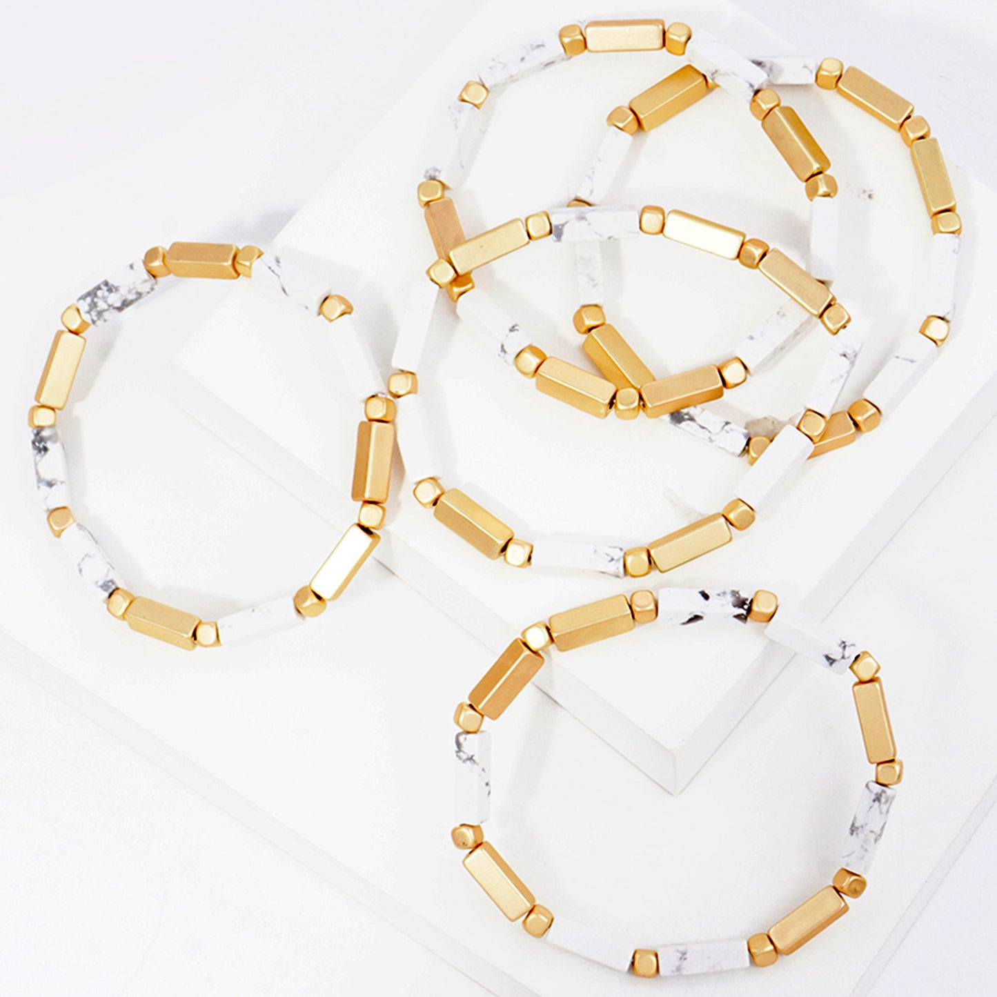 5PC-Set Rectangle Semi-Precious Natural-Stone Stackable Stretch Bracelet