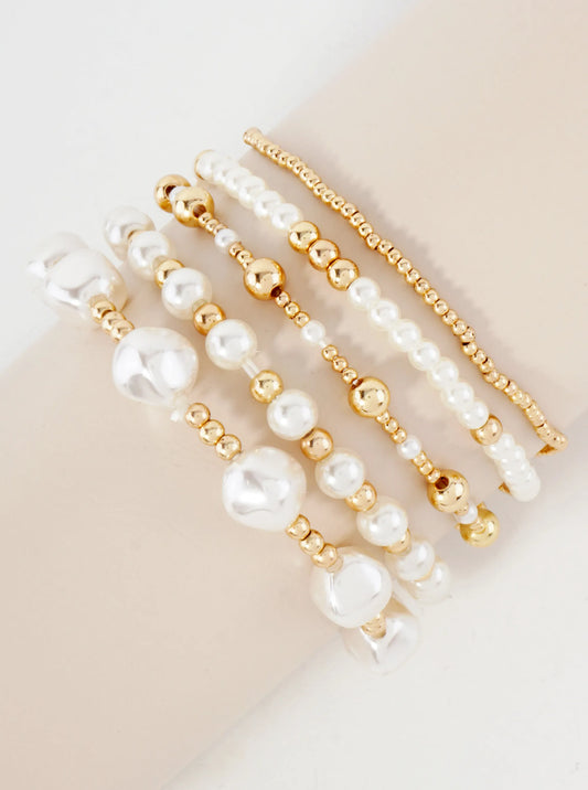 5PC-Set Skinny Metallic Beads Pearls Stackable Stretch Bracelets