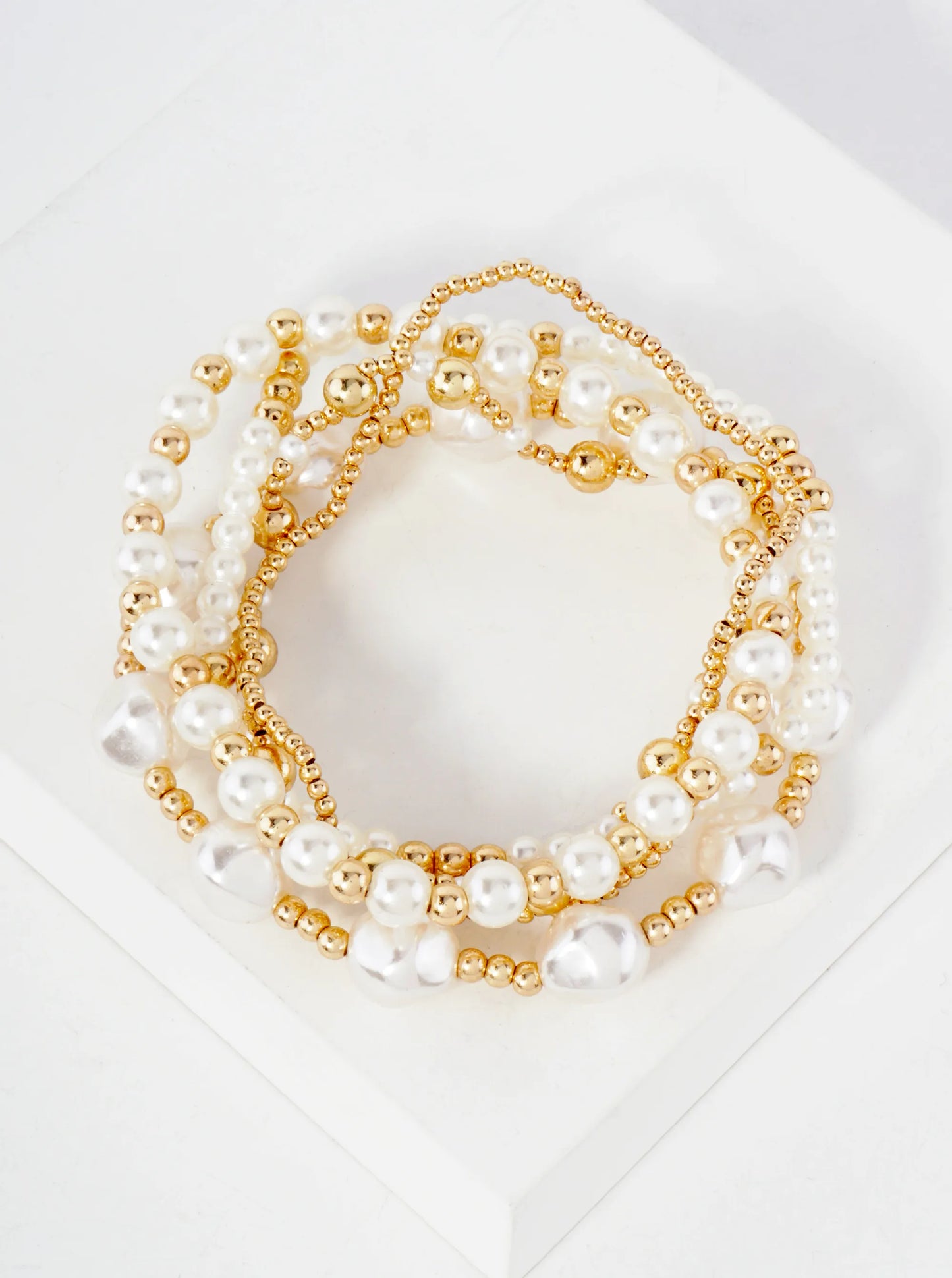 5PC-Set Skinny Metallic Beads Pearls Stackable Stretch Bracelets