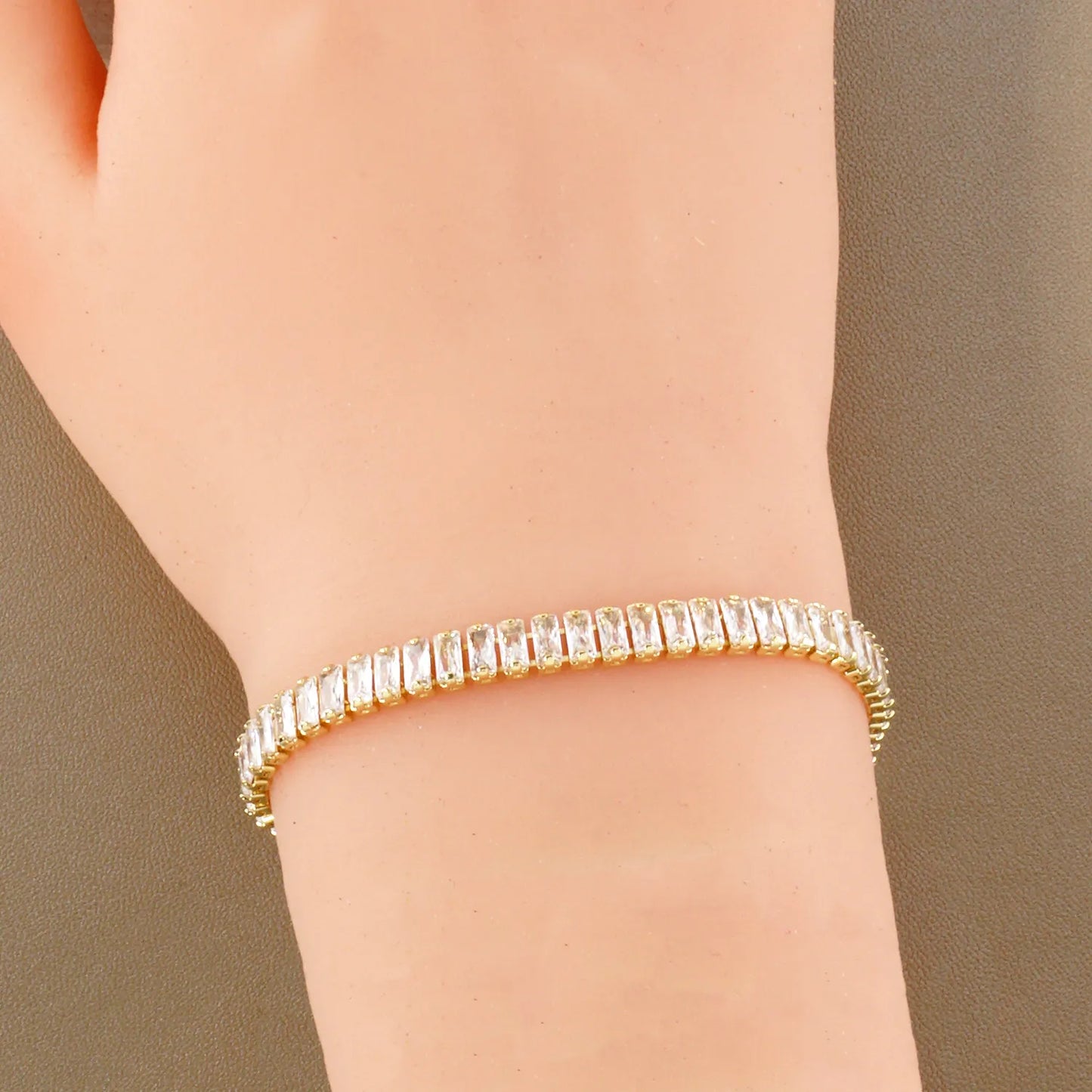 5mm Baguette Pave-Set Cubic-Zirconia 7-Inch Brass Tennis Bracelet