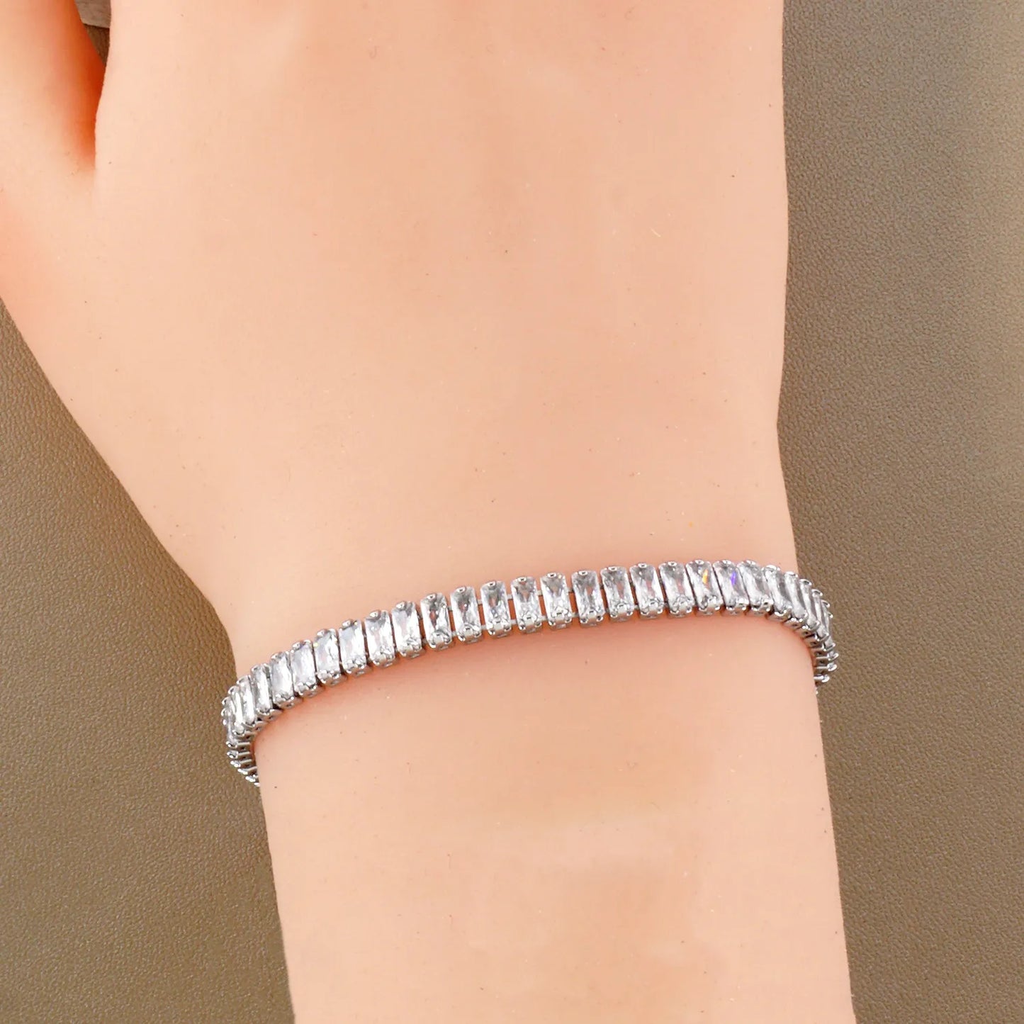 5mm Baguette Pave-Set Cubic-Zirconia 7-Inch Brass Tennis Bracelet