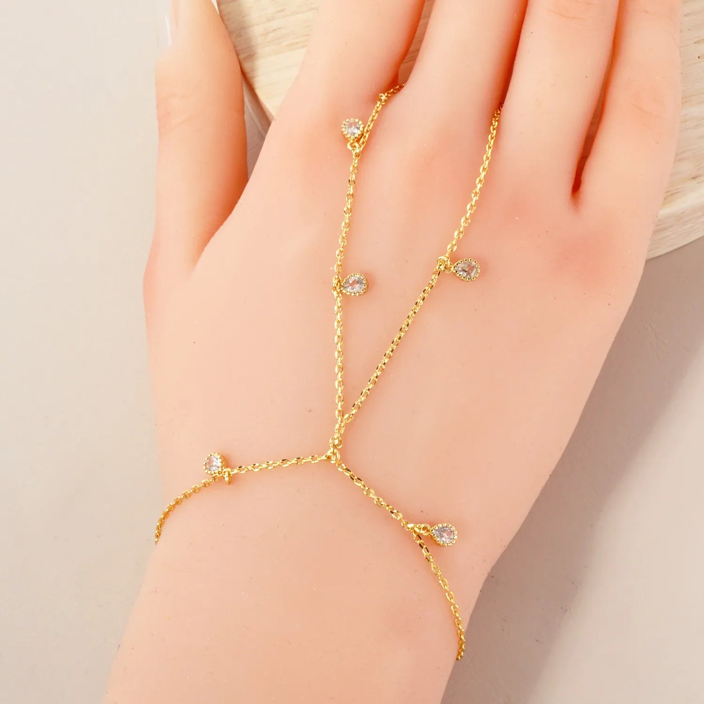 5mm Teardrop CZ Charms 18K-Gold-Dipped Delicate Brass Hand-Chain Bracelet