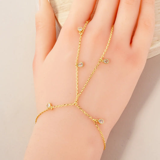 5mm Teardrop CZ Charms 18K-Gold-Dipped Delicate Brass Hand-Chain Bracelet